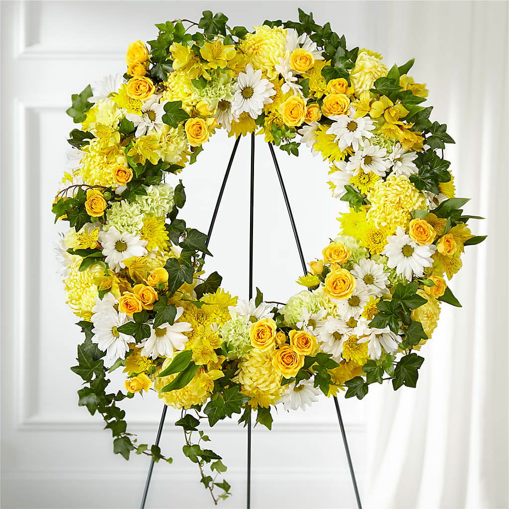 Golden Remembrance Wreath – BUSSE AND RIECK FLOWERS PLANTS & GIFTS, Kankakee IL