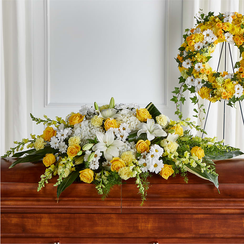 Golden Harmony Casket Spray – BUSSE AND RIECK FLOWERS PLANTS & GIFTS, Kankakee IL