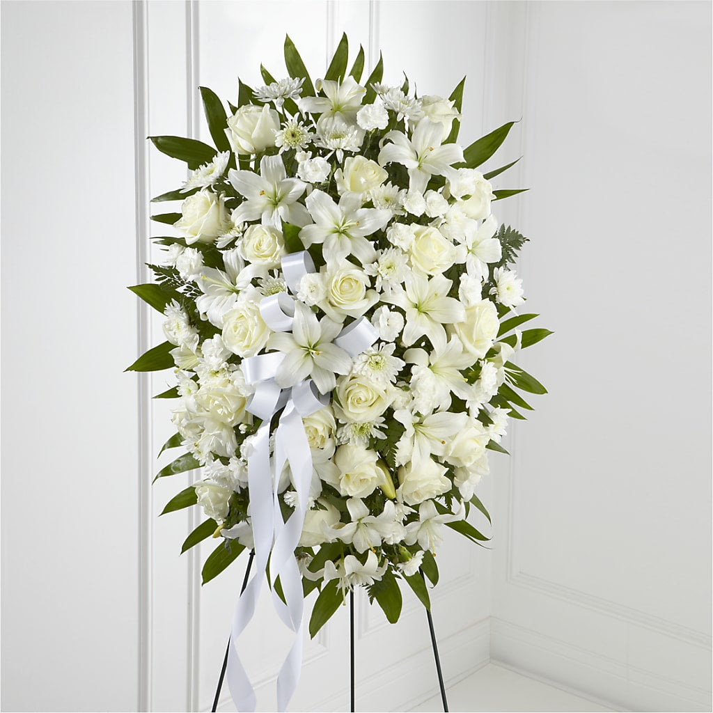 Exquisite Tribute Standing Spray-White Ribbon – BUSSE AND RIECK FLOWERS PLANTS & GIFTS, Kankakee IL