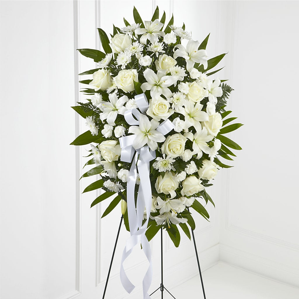 Exquisite Tribute Standing Spray-White Ribbon – BUSSE AND RIECK FLOWERS PLANTS & GIFTS, Kankakee IL